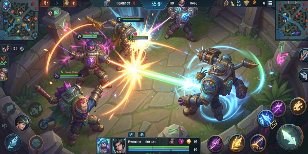 Screenshot gameplay 55RP menampilkan aksi pertempuran seru dan hero yang beragam.