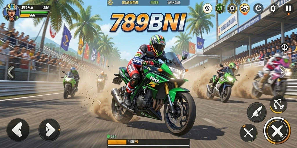 Tampilan gameplay 789BNI yang menegangkan dalam balapan motor.