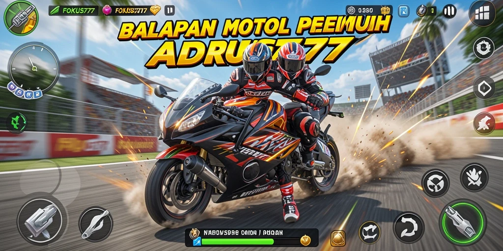 Screenshot gameplay FOKUS777 menampilkan balapan motor yang intens.