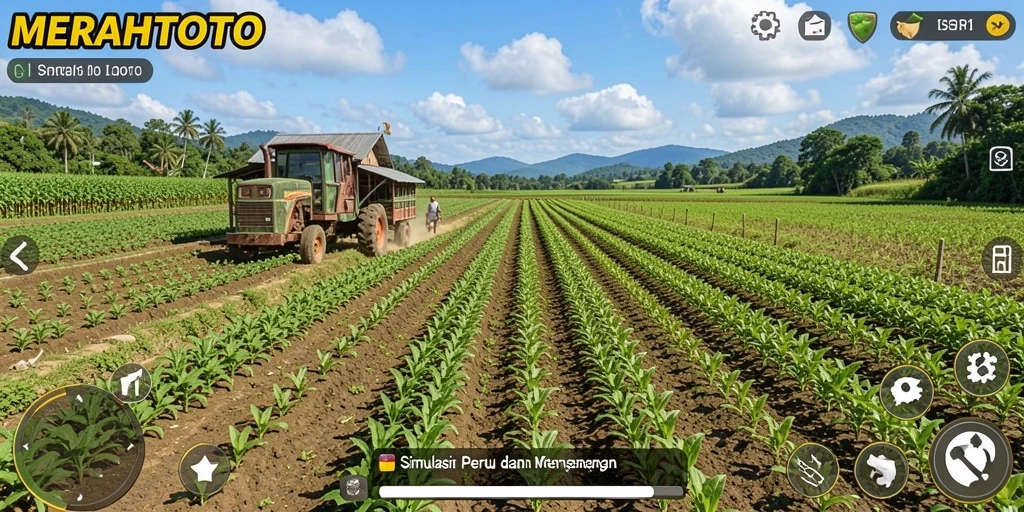 Screenshot gameplay menunjukkan suasana pertanian cerah di MERAHTOTO.