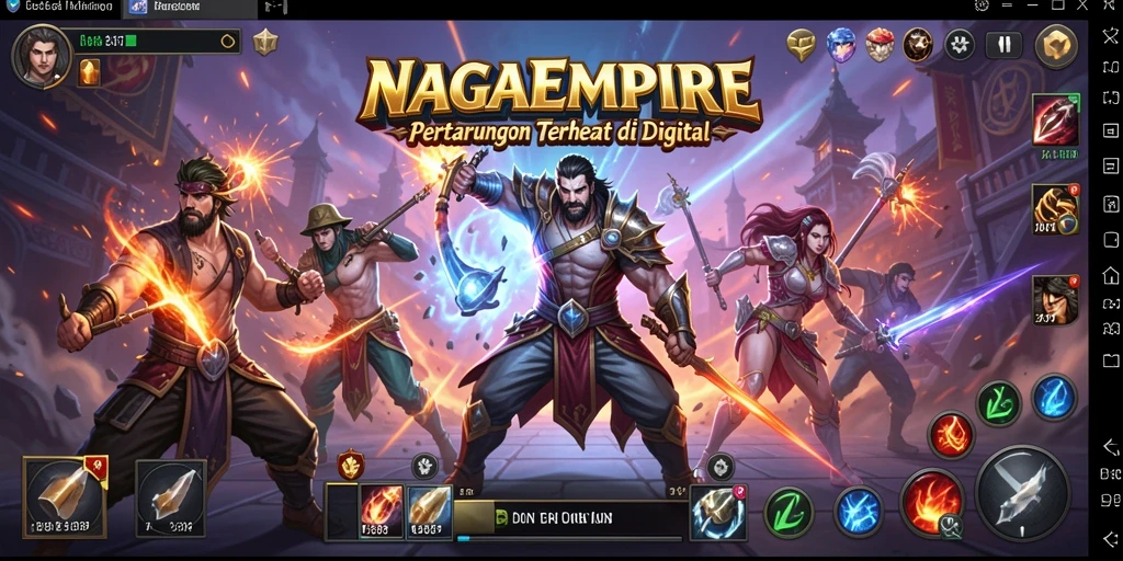 Gameplay NAGAEMPIRE dengan pertarungan intens dan karakter berwarna.