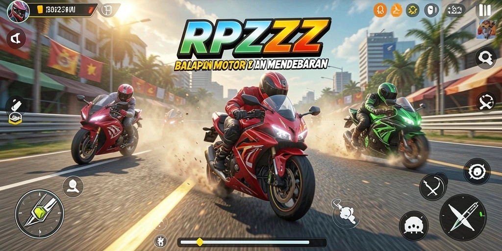 Gameplay RPZZZ yang mendebarkan dengan balapan motor cepat.